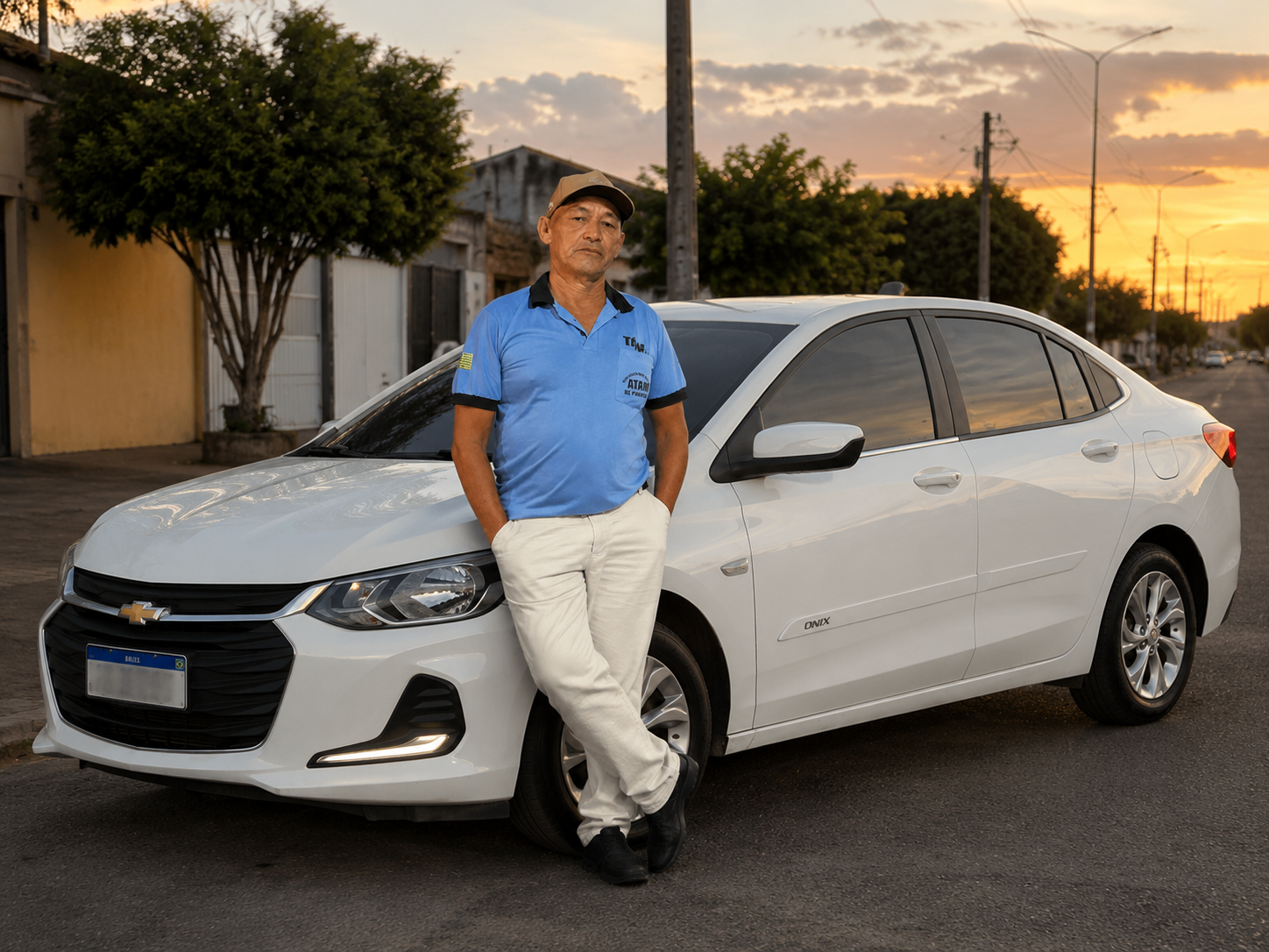 Raimundo Elias ao lado do Onix Plus branco em Piripiri